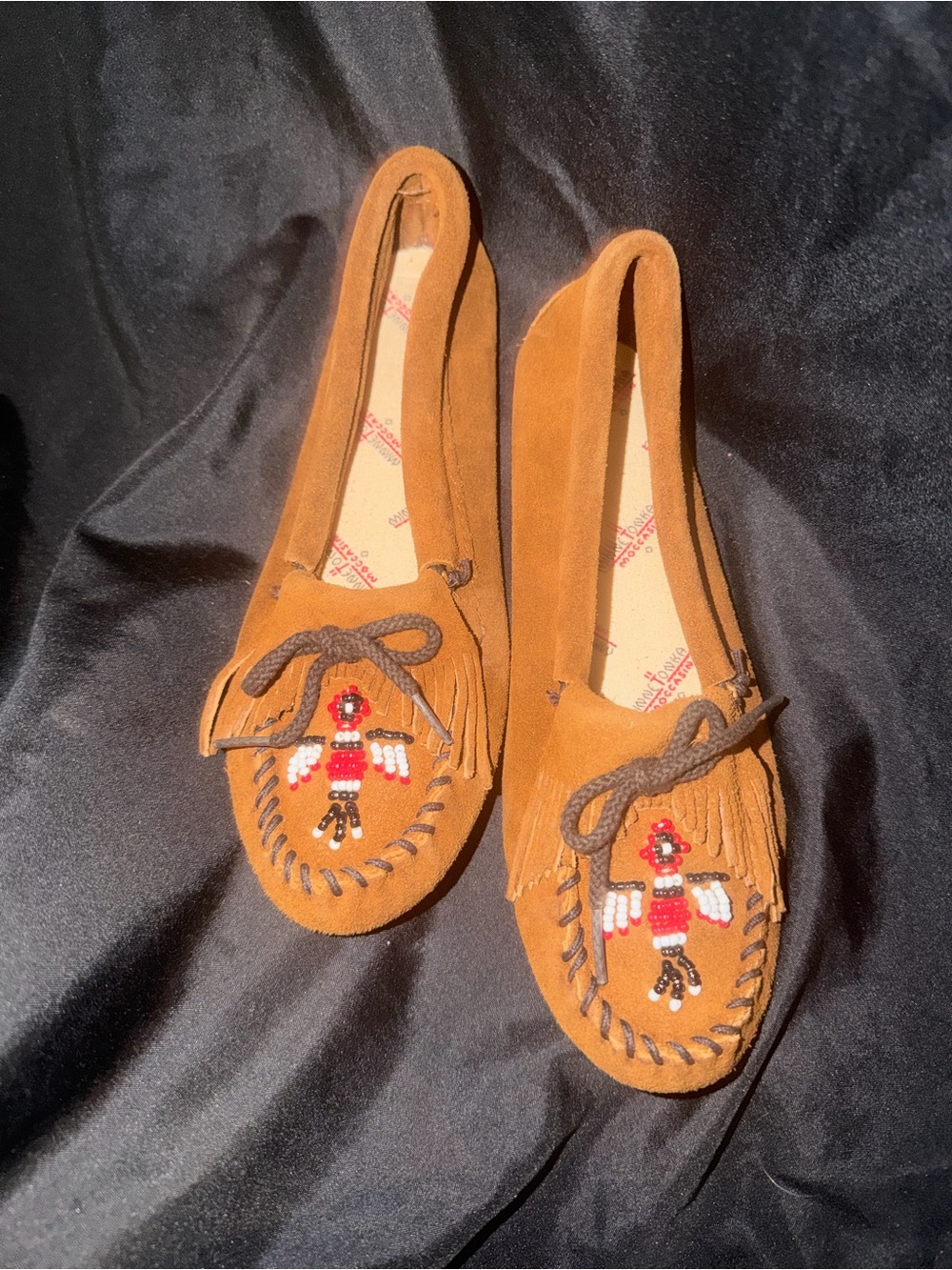 Minnetonka brown Suede Moccasins with Red & White Beadwork